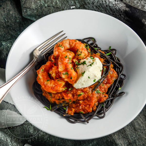 Saffron-Tomato Prawns with Nero di Seppia Pasta