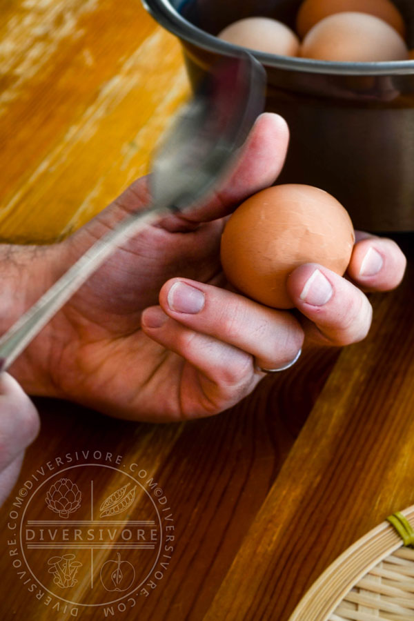 A spoon being used to crack the surface of an egg shell in preparation for marinating.