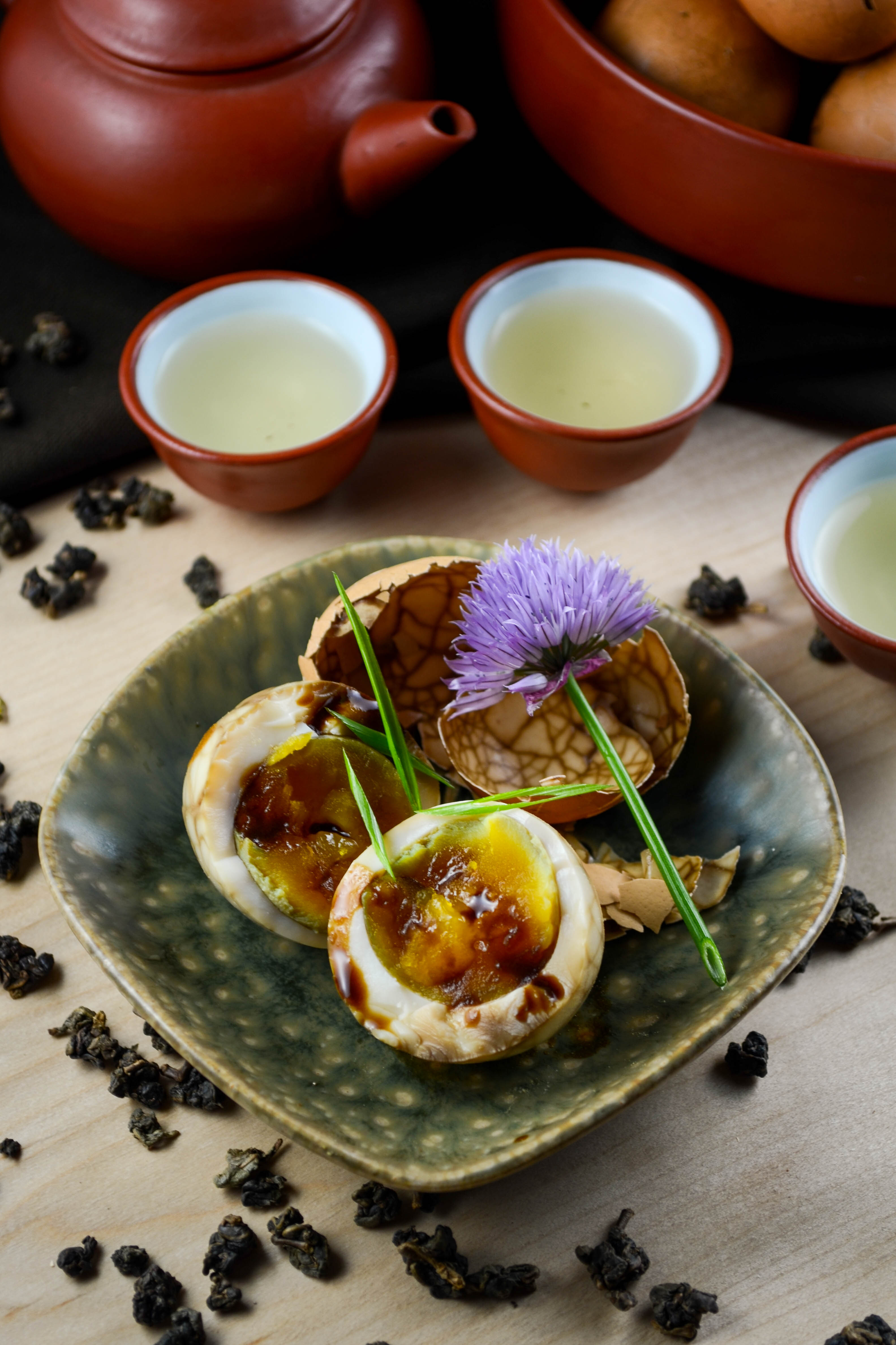 Taiwanese Tea Eggs with shell and chives vertical diversivore