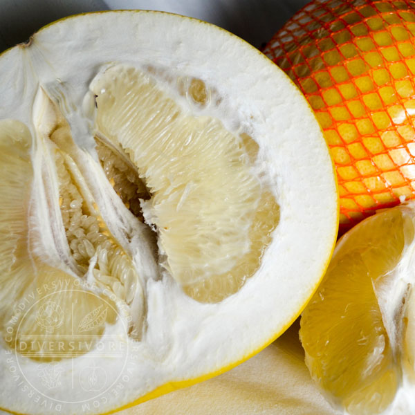 White-fleshed pomelo shown in cross-section.