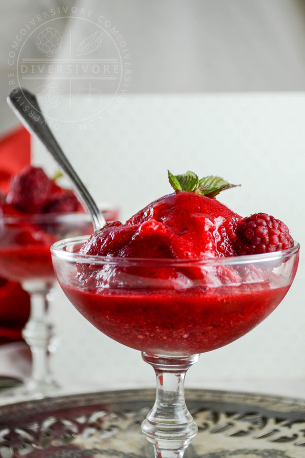 Raspberry Mint Sorbet in a decorative glass with a spoon