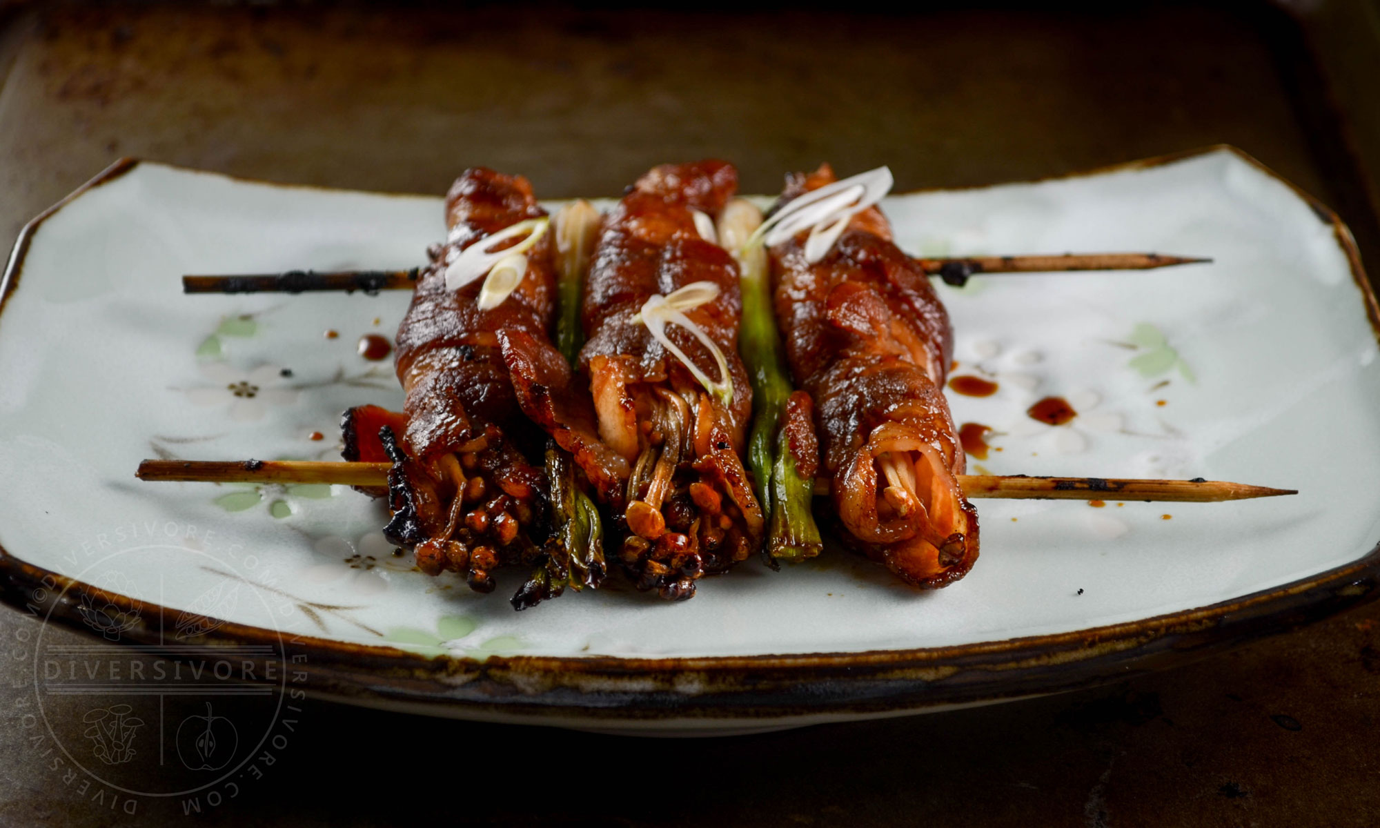 Bacon-wrapped Enoki Mushrooms with a Maple-Sake Glaze - Diversivore.com