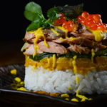 Keta Salmon Sushi Stacks with miso kabocha squash, marinated cucumbers, and keta salmon eggs - Diversivore.com