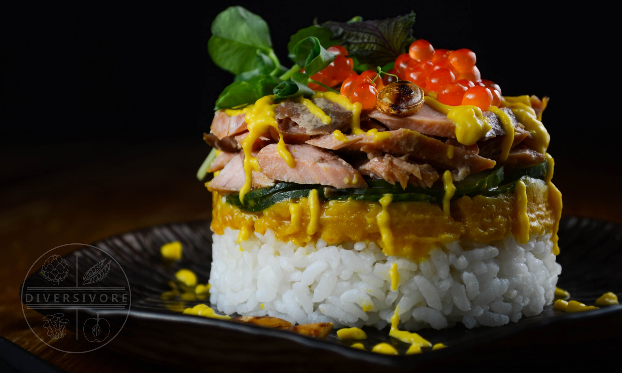 Keta Salmon Sushi Stacks with miso kabocha squash, marinated cucumbers, and keta salmon eggs