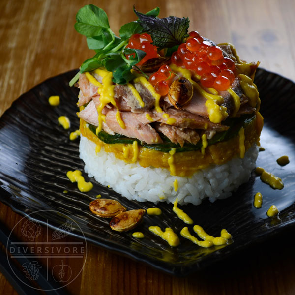 Keta Salmon Sushi Stacks with miso kabocha squash, marinated cucumbers, and keta salmon eggs