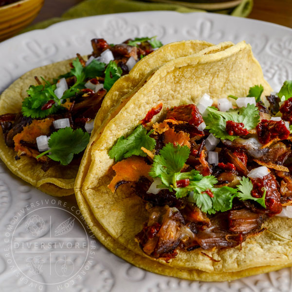 Pressure cooker Carnitas con Queso (tender beef bites with crispy melted cheese) served in corn tortillas on a textured white plate