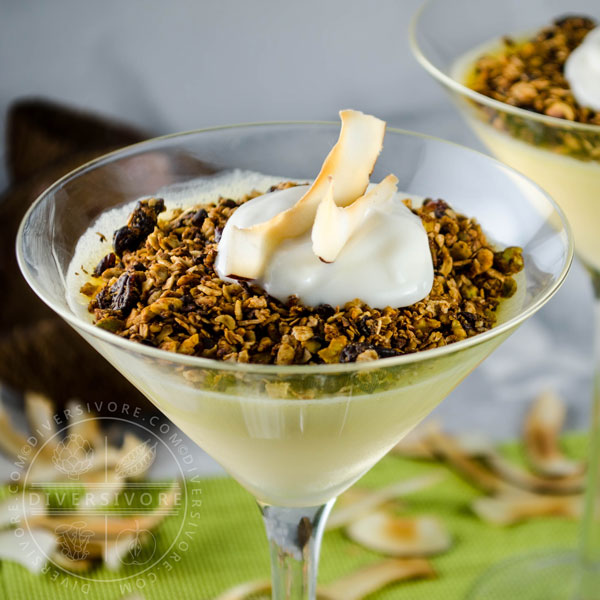 Dairy-free Coconut Lime Mousse in a martini glass, topped with toasted coconut and homemade granola