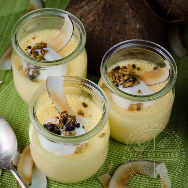 Dairy-free Coconut Lime Mousse in individual jars, topped with toasted coconut and homemade granola