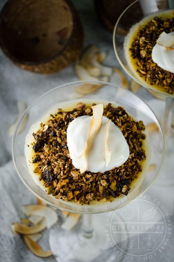 Dairy-free Coconut Lime Mousse in a martini glass, topped with toasted coconut and homemade granola