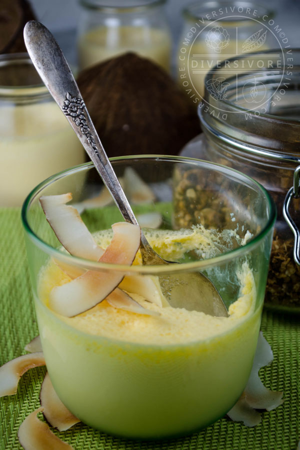 Dairy-free Coconut Lime Mousse in glass with a small silver spoon, topped with toasted coconut