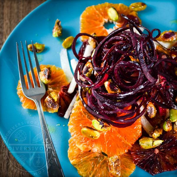 Mexican Christmas Salad (Ensalada de Navidad) with beets, jicama, cara cara oranges, and candied pistachios