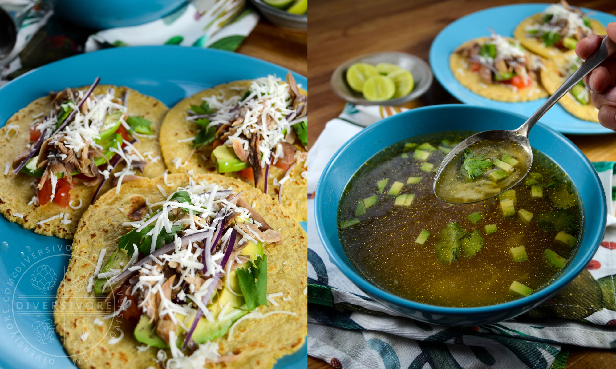 A diptych of tacos and soup made with Instant Pot Mexican Stewing Hen