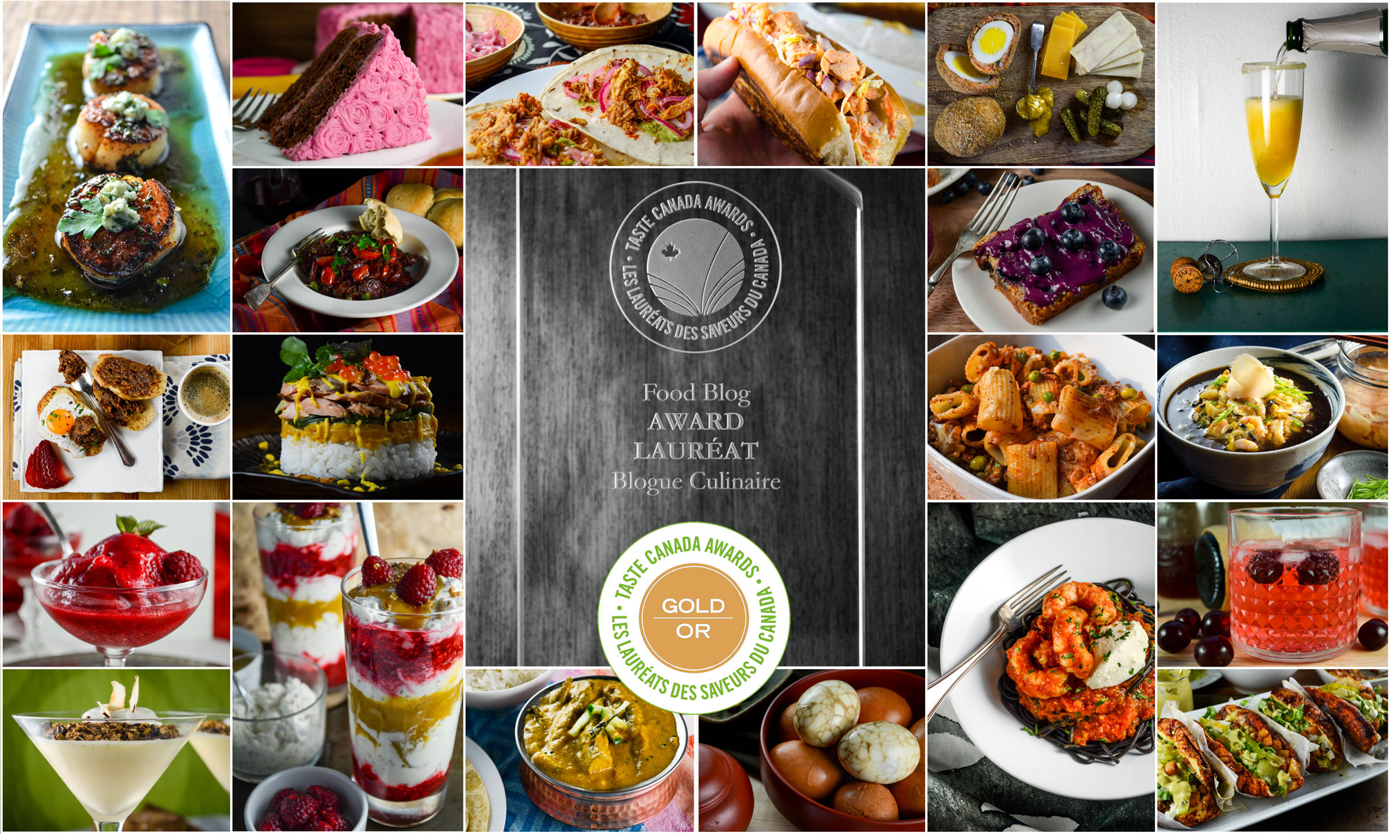 Various food images from Diversivore surrounding a picture of a Taste Canada award for Best Food Blog
