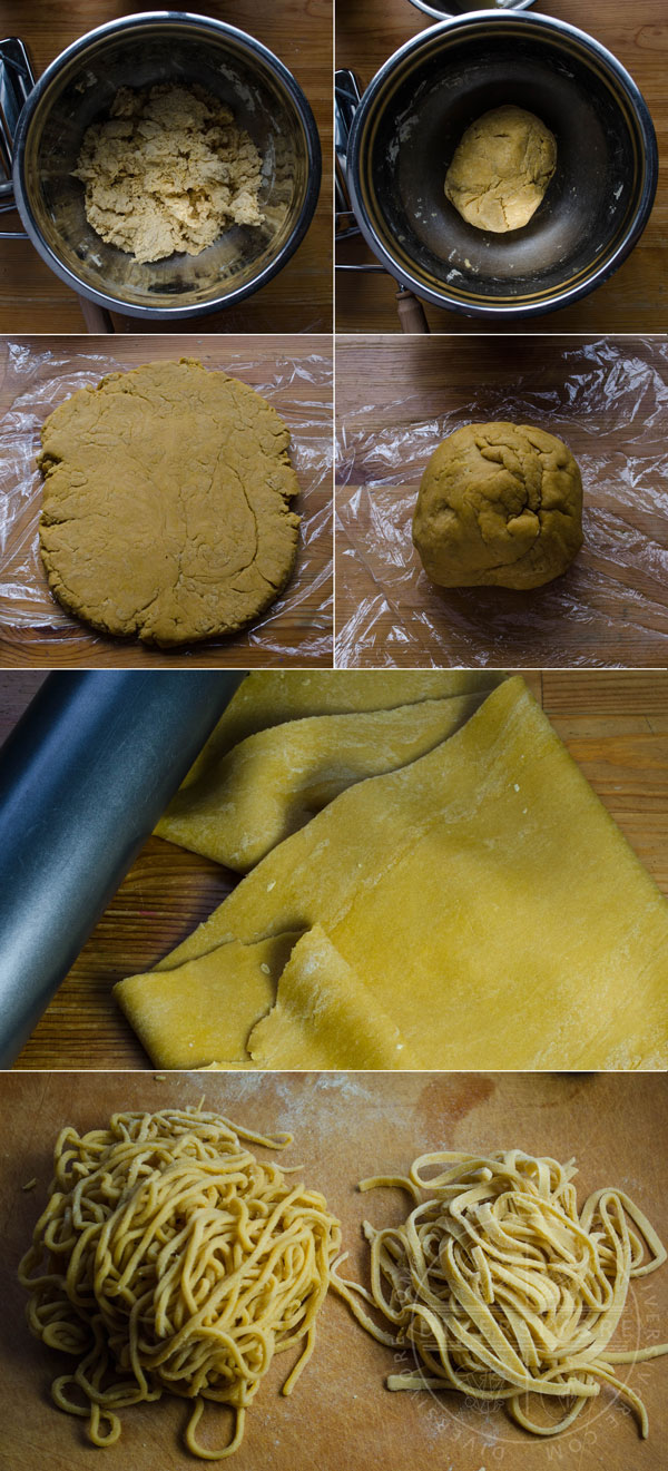 A multipanel image showing the steps involved in making Chinese egg noodles (mixing, forming the dough, flattening the dough, and cutting the noodles)