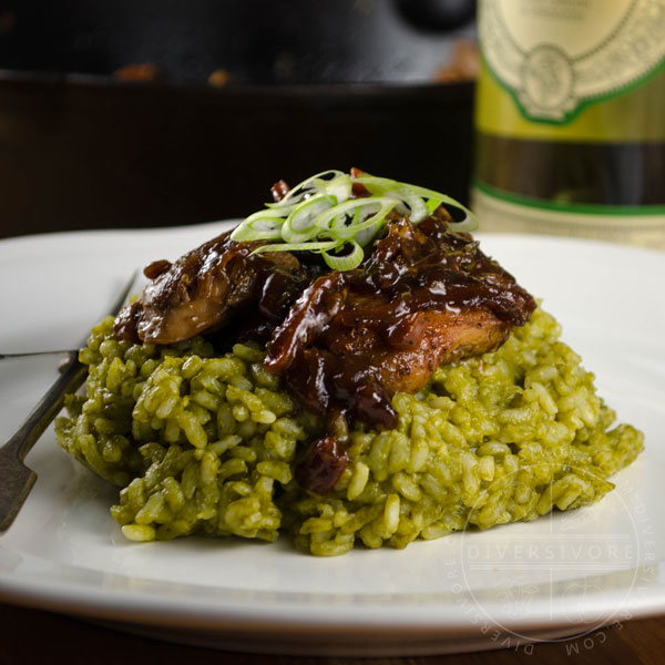 Marmalade and balsamic vinegar chicken on a bed of spinach risotto