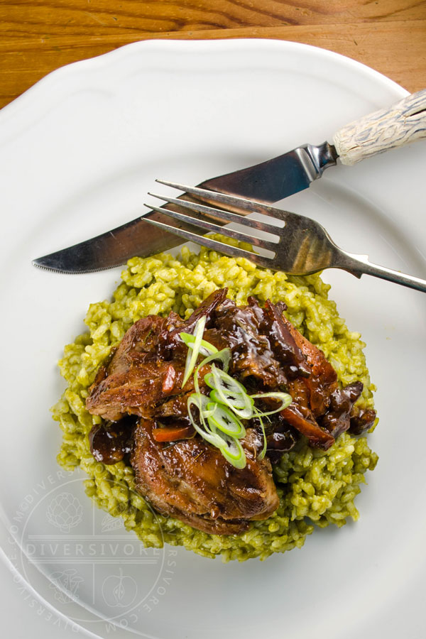 Marmalade and balsamic vinegar chicken on a bed of spinach risotto