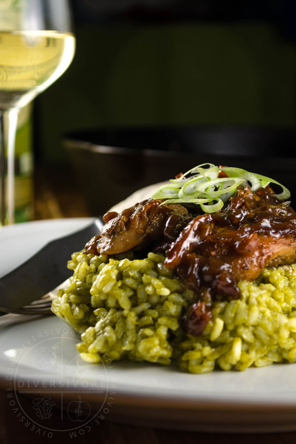 Marmalade and balsamic vinegar chicken on a bed of spinach risotto