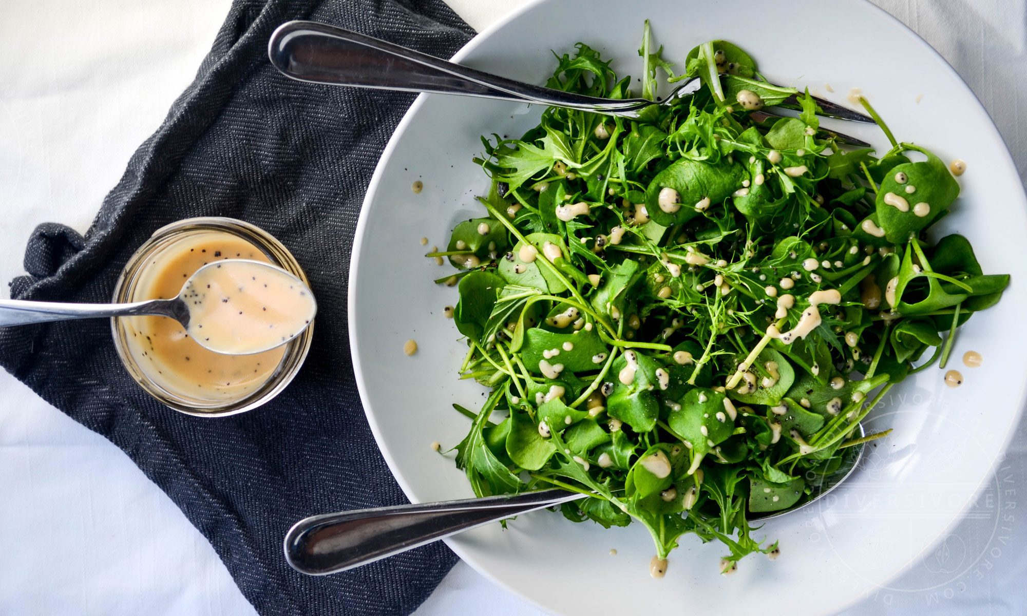 Miner's Lettuce and Mizuna Salad with Rhubarb and Poppy Seed vinaigrette