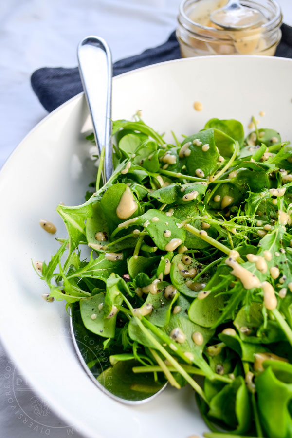 Miner's Lettuce and Mizuna Salad with Rhubarb and Poppy Seed vinaigrette