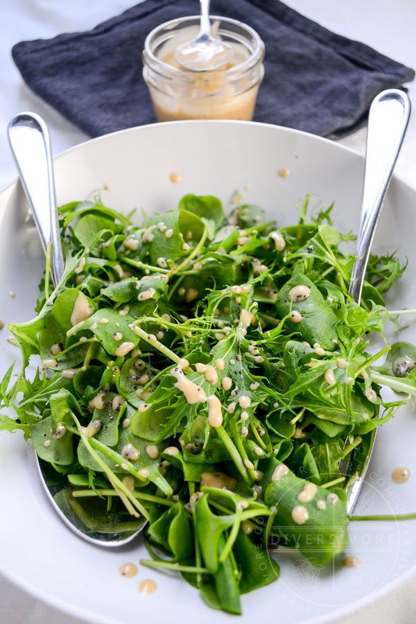 Miner's Lettuce and Mizuna Salad with Rhubarb and Poppy Seed vinaigrette