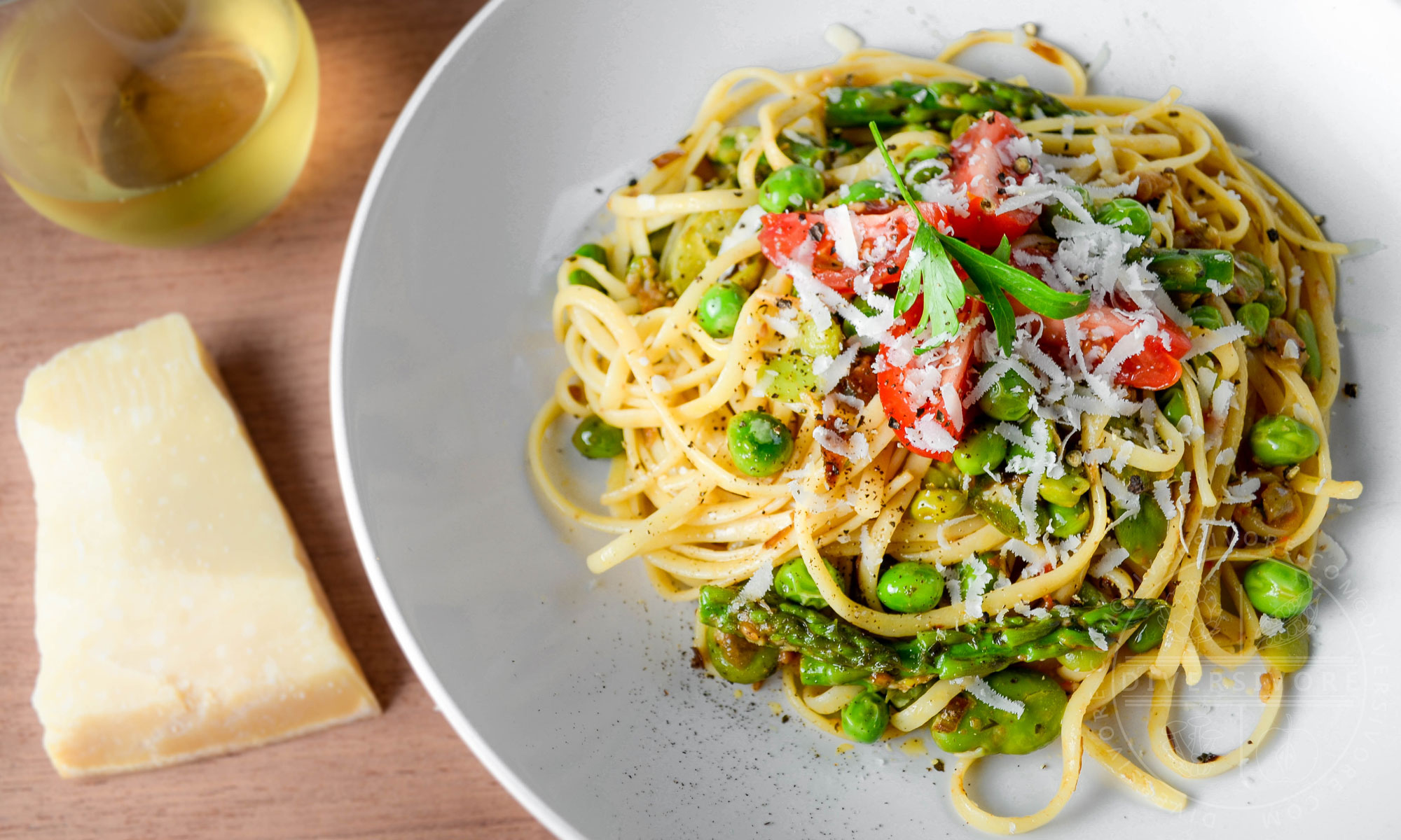 Linguine Primavera - pasta with spring vegetables (fava beans, peas, and asparagus tips)