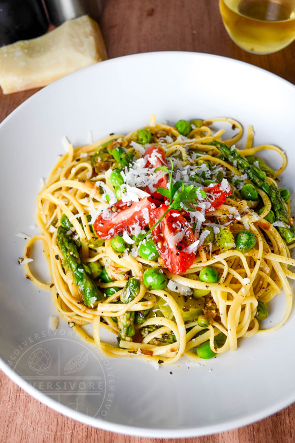 Linguine Primavera - pasta with spring vegetables (fava beans, peas, and asparagus tips)