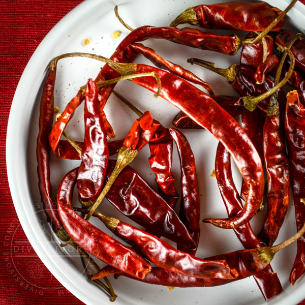 Dried árbol chilies (aka chiles de árbol) in a white dish