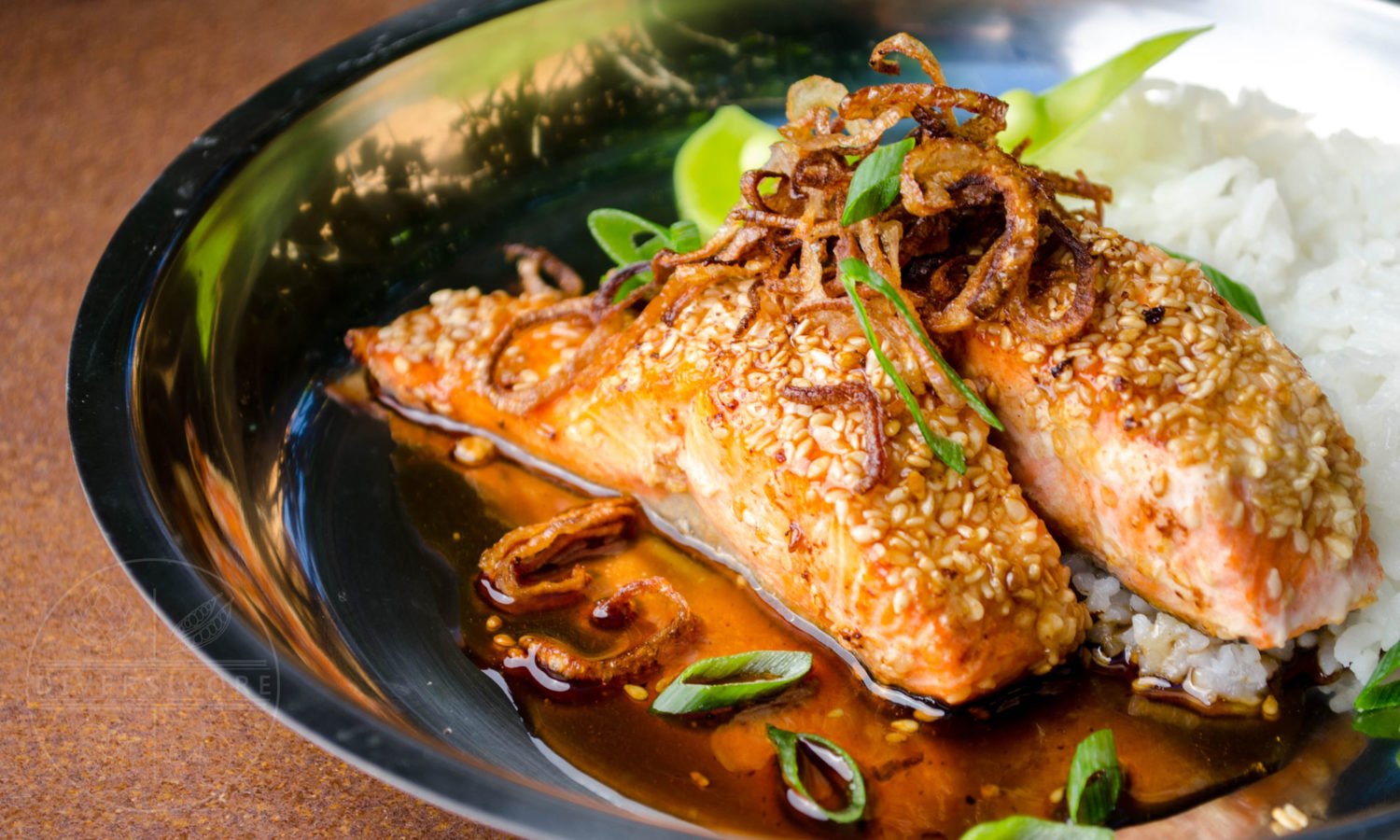 Sesame Salmon with Maple Soy Glaze, served with fried shallots and scallions - Diversivore.com
