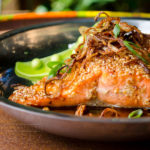 Sesame Salmon with Maple Soy Glaze, served with fried shallots and scallions - Diversivore.com