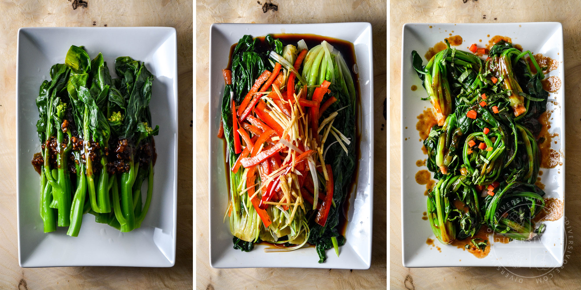 A triptych showing three types of blanched and dressed Chinese greens