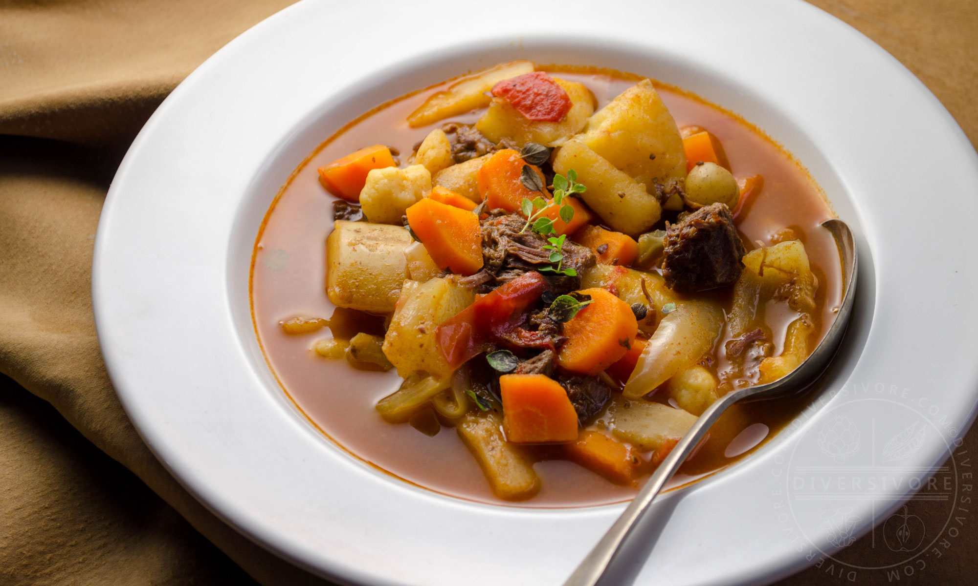 Hungarian Gulyásleves (Goulash Soup) made with beef cheeks, vegetables, and homemade csipetke (hand-pulled noodle-dumplings)