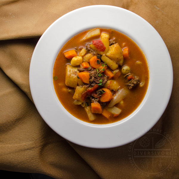 Hungarian Gulyásleves (Goulash Soup) made with beef cheeks, vegetables, and homemade csipetke (hand-pulled noodle-dumplings)