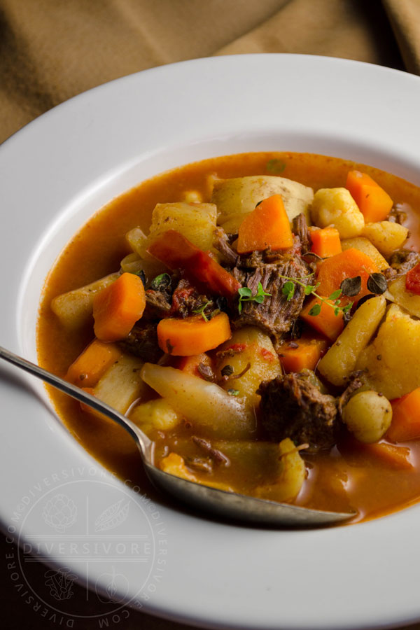 Hungarian Gulyásleves (Goulash Soup) made with beef cheeks, vegetables, and homemade csipetke (hand-pulled noodle-dumplings)