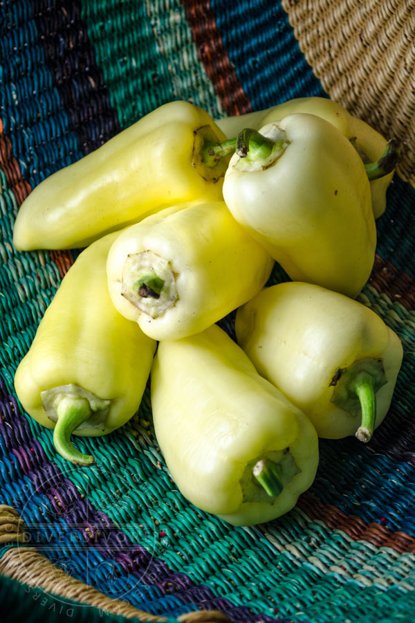 Hungarian peppers in a multicoloured basket