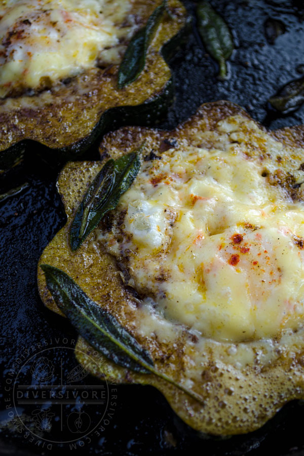 Squash Hole-in-One (aka Egg in a basket, aka Toad in the hole) made with eggs, acorn squash, aged cheddar, and fried sage