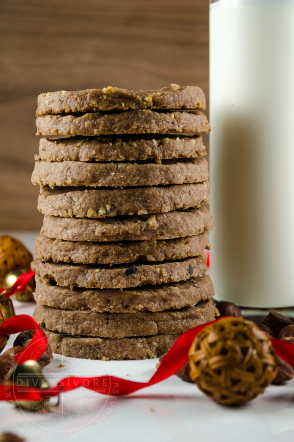 Chocolate Hazelnut Shortbread, made with simple ingredients.  Served here with milk.  Highly recommended combination.