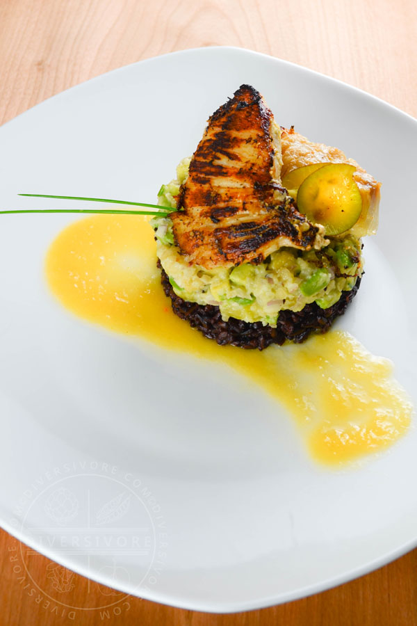 Seared Halibut cheeks with avocado-kiwi-macadamia tartare on forbidden rice, garnished with golden kiwi sauce and chives