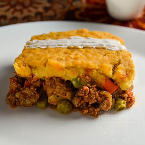 Indian-spiced Shepherd's Pie with a red lentil topping