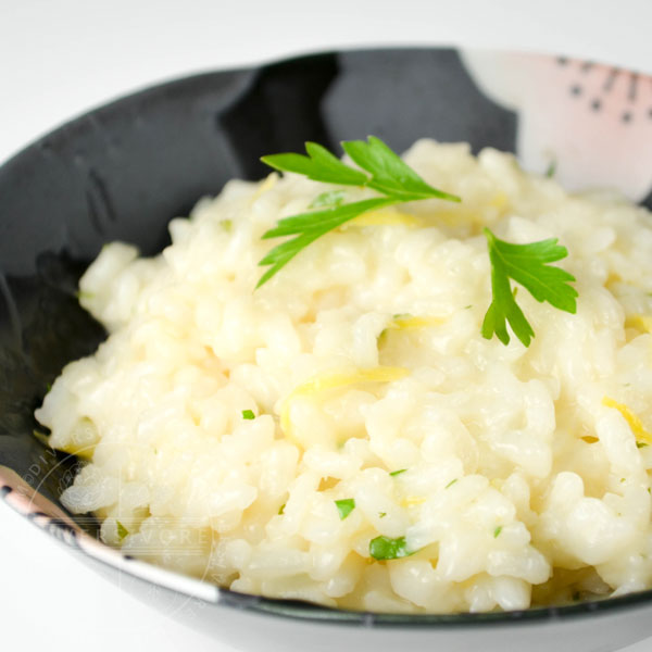 Japanese Lemon Herb Risotto in a decorative floral bowl