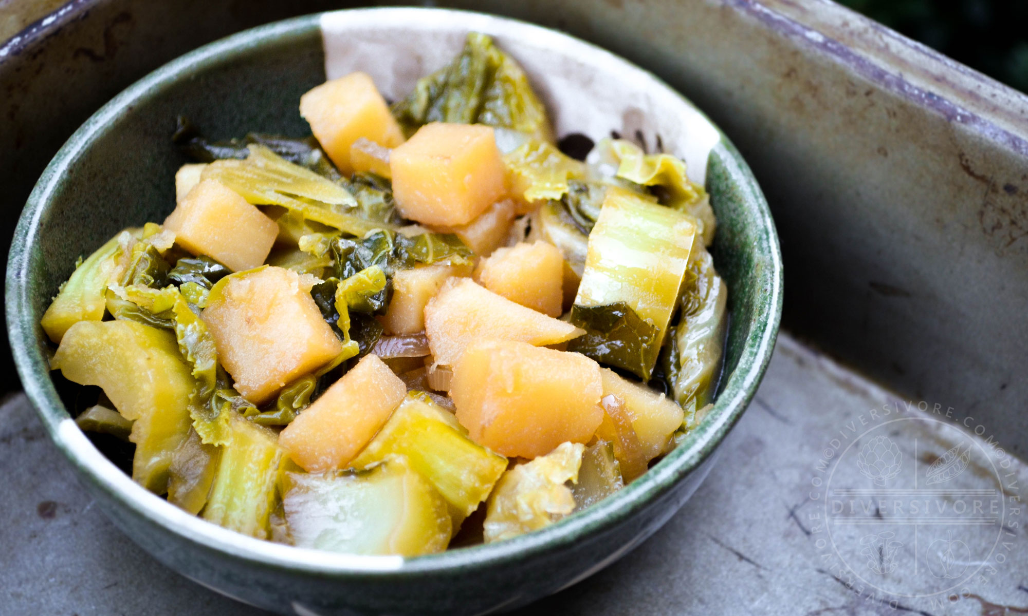 Dashi-simmered cauliflower leaves and potatoes