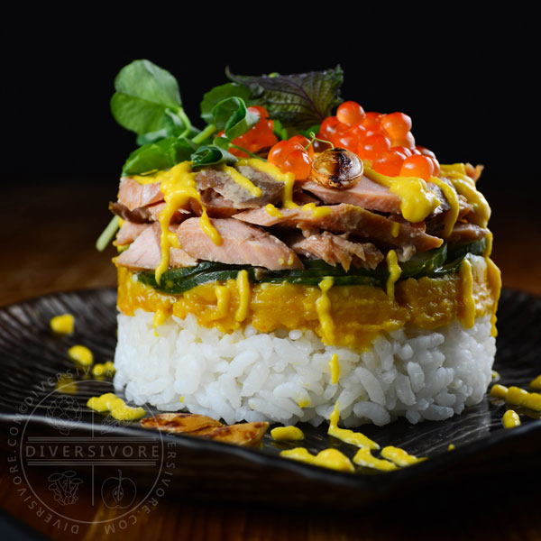 Keta Salmon Sushi Stacks with Kabocha, Cucumber, and Salmon Roe