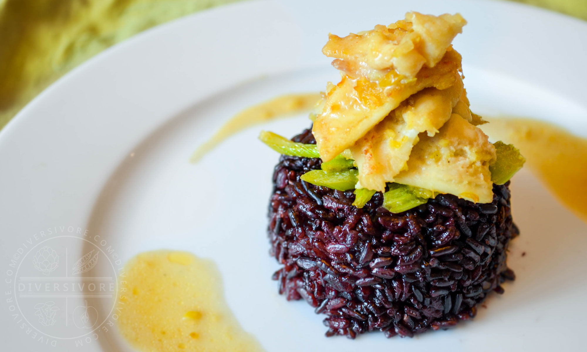 Lemon and ginger Pacific Dover Sole with celery, served on black rice