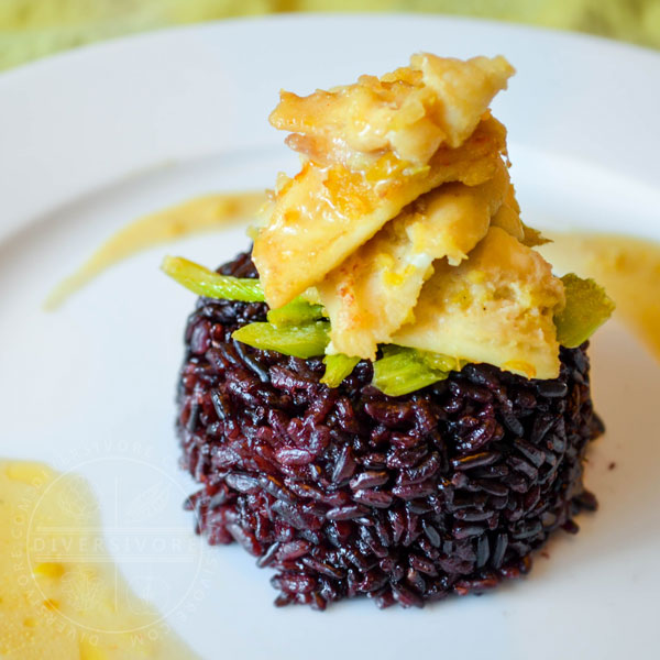 Lemon and ginger Pacific Dover Sole with celery and black rice