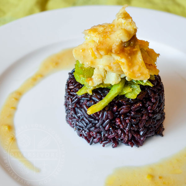 Lemon and ginger Pacific Dover Sole with celery, served on black rice