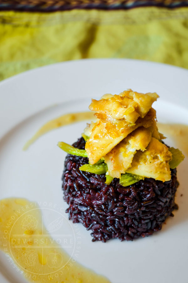 Lemon and ginger Pacific Dover Sole with celery, served on black rice