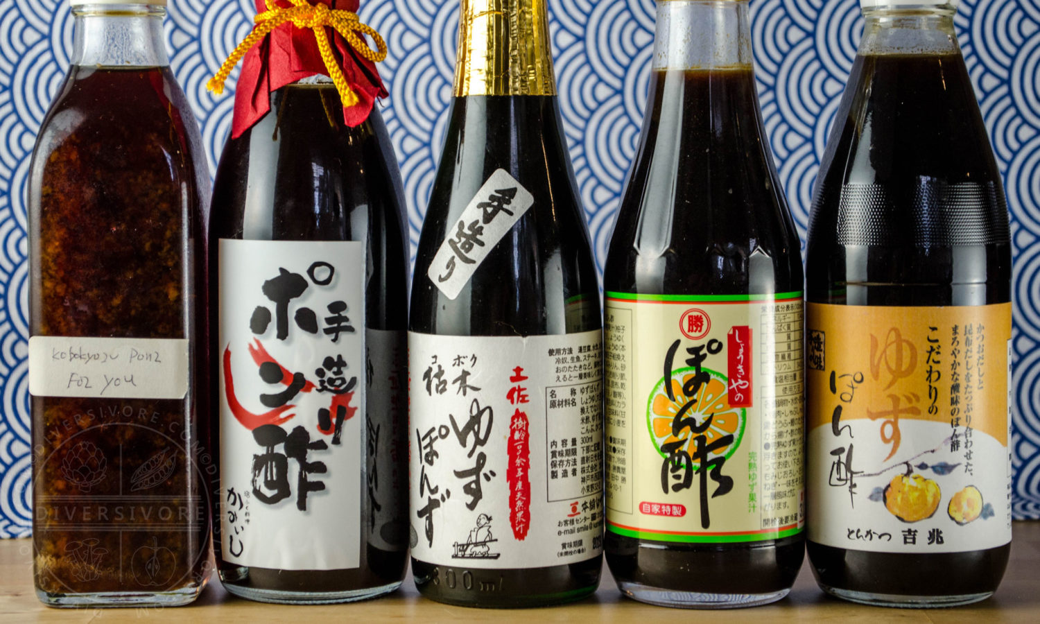 Ponzu varieties in glass bottles