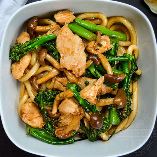 Stir-fried Udon Noodles with Broccolini, Chicken, and Shimeji Mushrooms