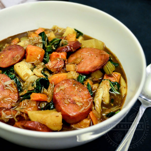 A bowl of winter gumbo made with Pacific Northwest ingredients, with a spoon