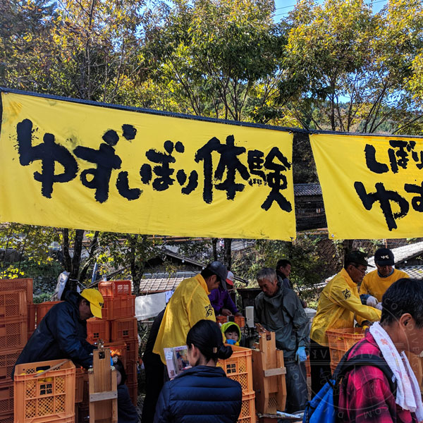 Banners and revelers at the kochi yuzu festival, Japan