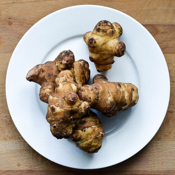 Jerusalem artichokes (aka sunchokes) on a round plate